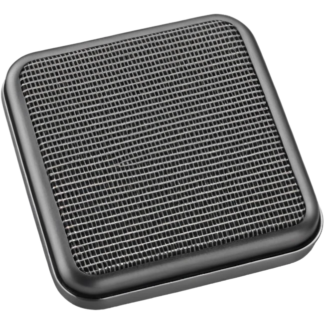 compact square scrub pad with dense textured metallic surface in dark silver tones, tightly woven mesh, slightly coarse matte finish, heavy-duty scouring, apple emoji style, soft lighting, subtle shadows, emoji scale emoji