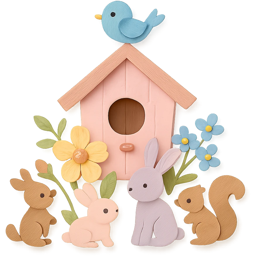 birdhouse with flowers and forest creatures including bunnies, birds, squirrels, soft pastel colors, transparent background emoji