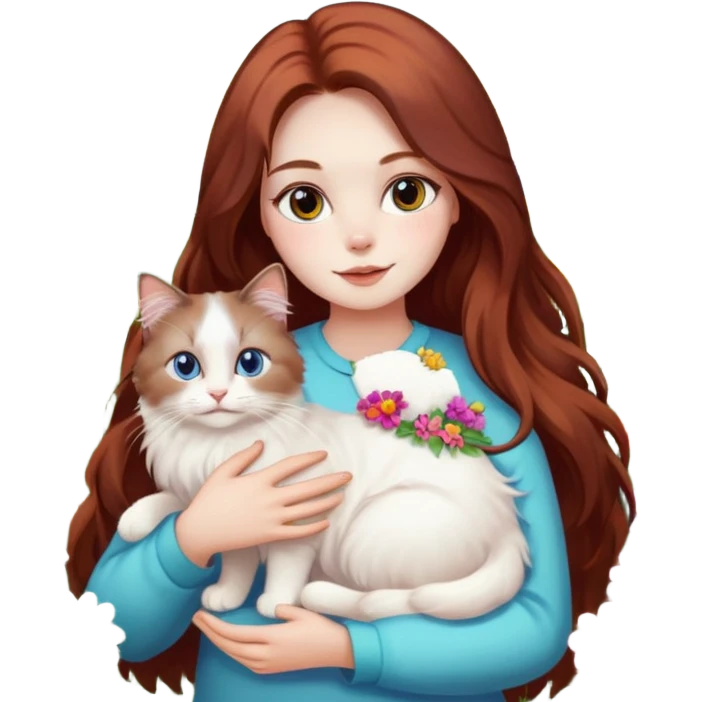 A woman with long dark auburn hair holding a white ragdoll cat in a field of flowers emoji
