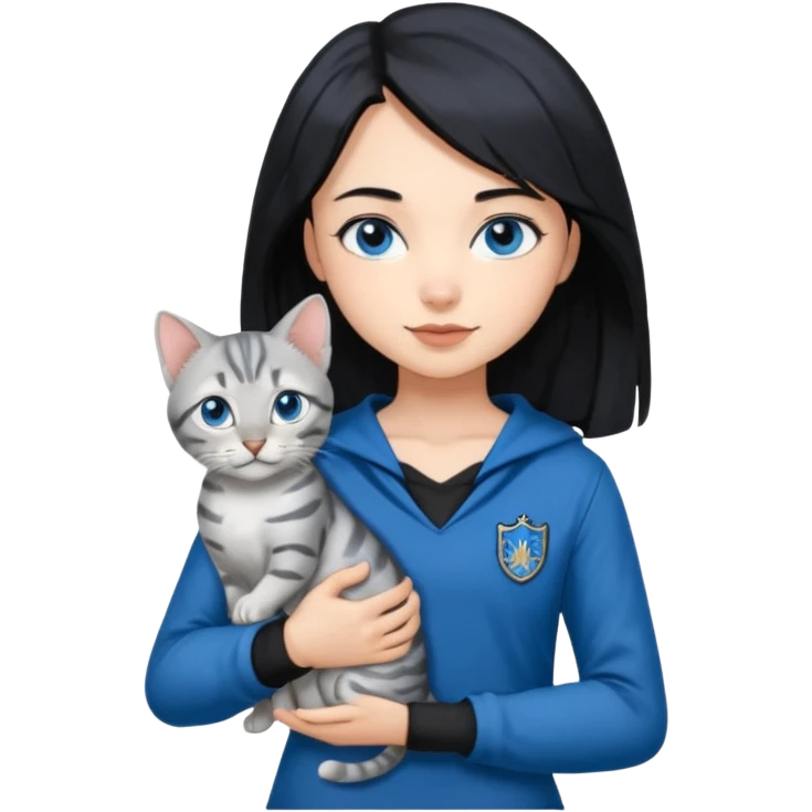 Girl with light skin, blue eyes, shoulder length straight black hair, wears a ravenclaw outfit, with a silver bengal cat holding in her arms emoji