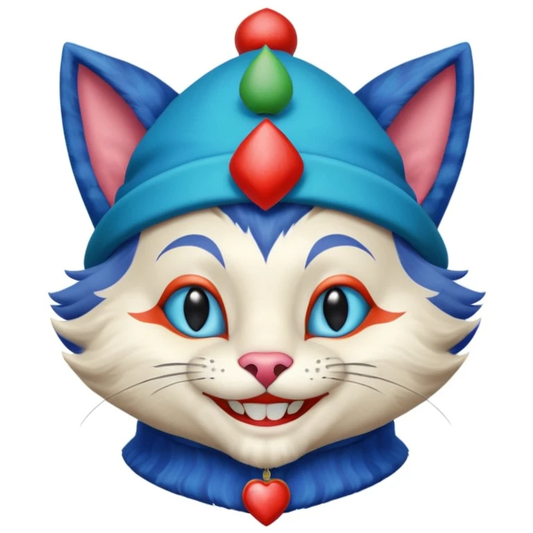 crazy colorful cute little cat jolly joker from poker, medieval, vintage, court jester, mac os squared icon, blue color emoji