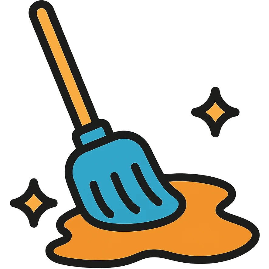 A simple mop cleaning a flat syrup spill on the floor, not inside a jar, in lineal color icon with black outlines style, transparent background. emoji