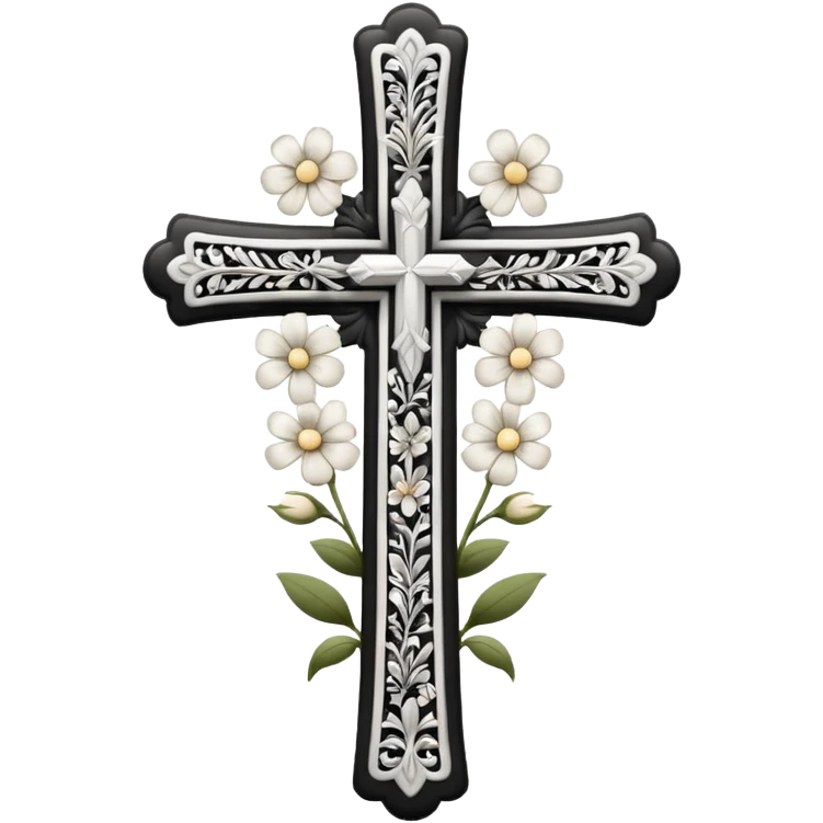 a black and white detailed cross with flowers over lapping emoji
