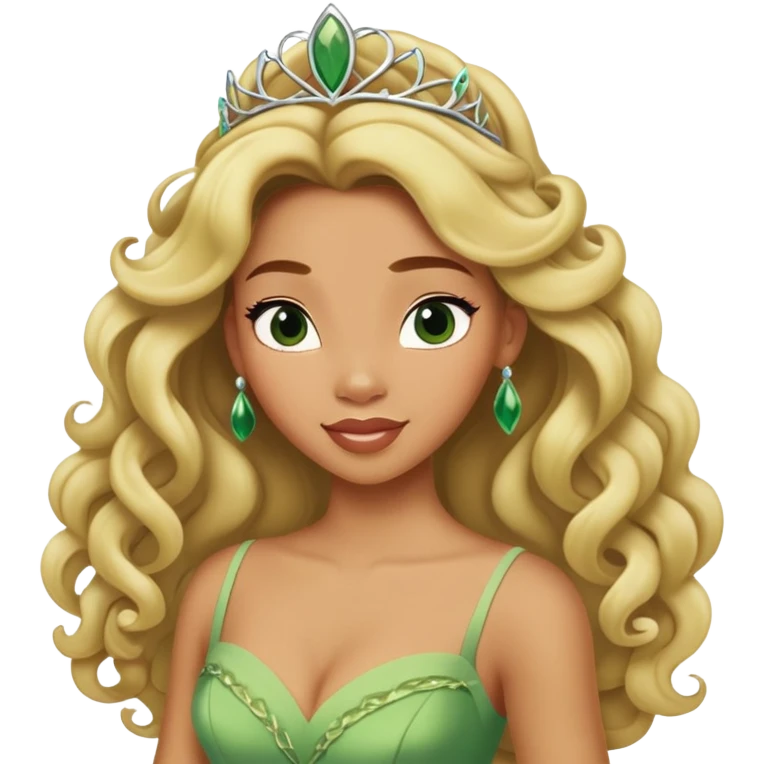 Disney Princess Tiana with extremely long blonde curly hair, green dress emoji