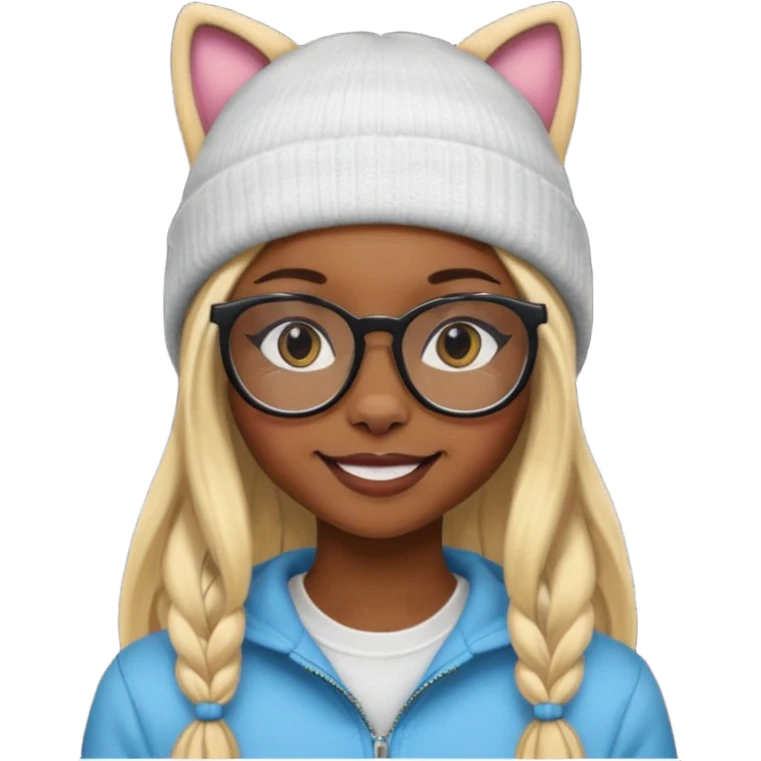 black skin, Blonde girl wearing cat  glasses and beanie, long hair emoji