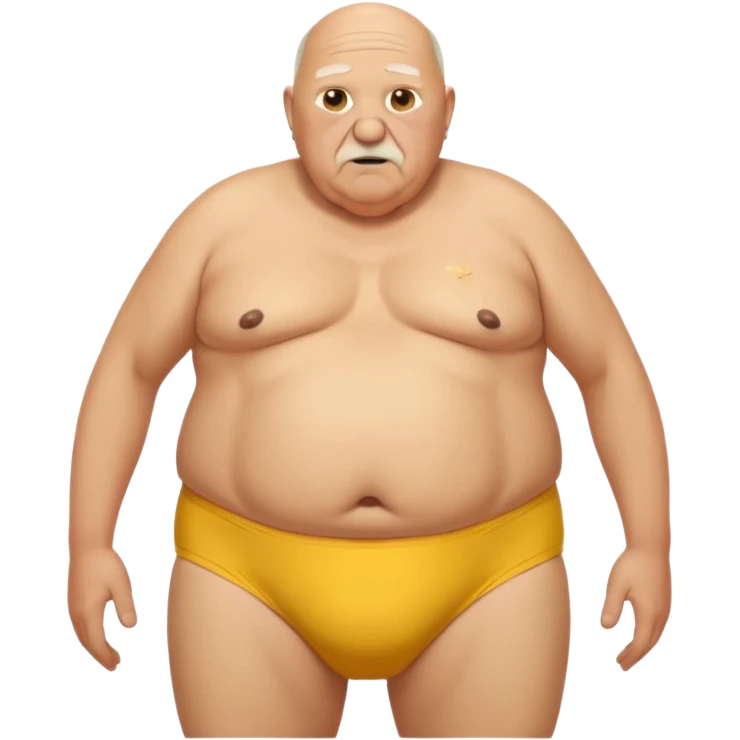 Short bald Old man thick hairy chest.fat man with saggy boobs no shirt big belly tidy white stretched out elastic  and holes ina yellow in front of his underwear falling down off his hips showing his butt crack no pants   emoji
