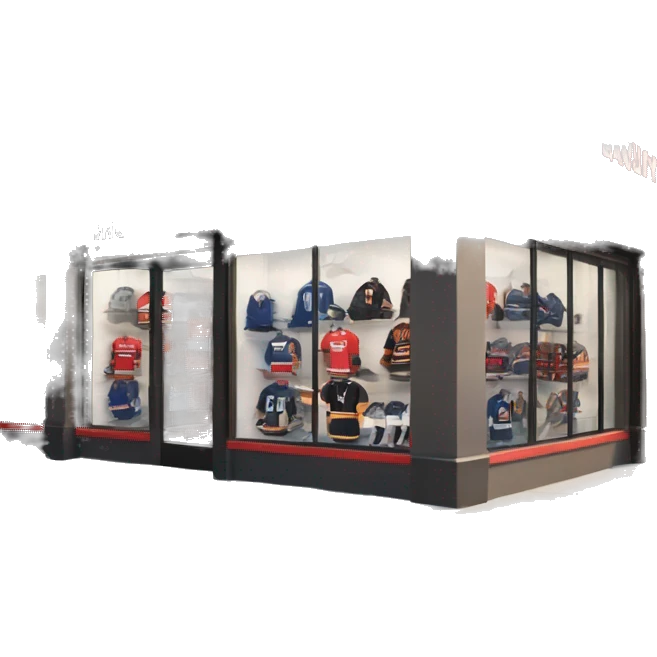 “Hockey store exterior with bold signage, large windows displaying hockey equipment, jerseys, and gear, and a sleek, sporty design that captures the essence of the sport.” emoji