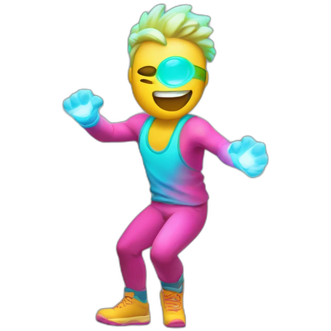 Fit, playful emoji-man with vivid neon glow, exuding a cheerful aura, and strong, lively posture.”  emoji