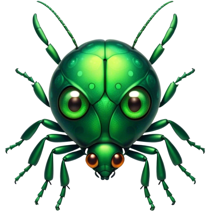 Cinematic Cute Green Bugdie Portrait Emoji, Head tilted playfully and inquisitively, featuring a glossy, vibrant emerald exoskeleton with intricate patterns, round, sparkling multifaceted eyes filled with curiosity, Simplified yet irresistibly adorable features, highly detailed, glowing with a warm, friendly glow, high shine, affectionate and lively, stylized with a touch of whimsy, bright and endearing, soft glowing outline, capturing the essence of a mischievous yet charming bug, so playful it feels like it could buzz out of the screen and into your arms! emoji