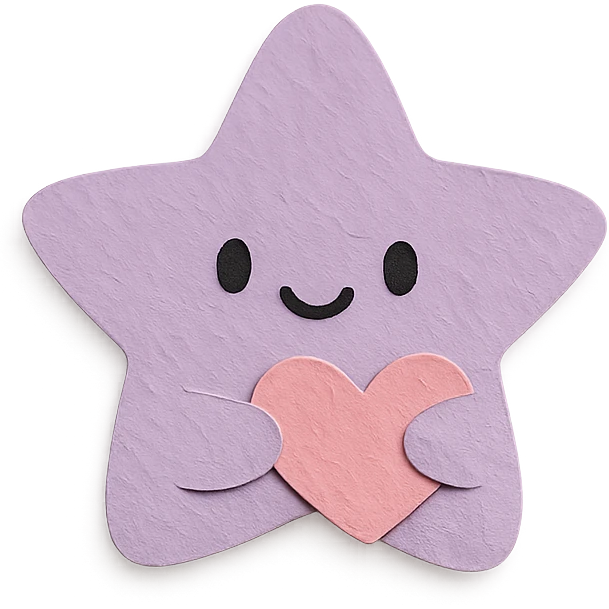 smiling pastel purple star clutching a small pastel heart, no arms or legs, full body, kawaii paper craft style emoji