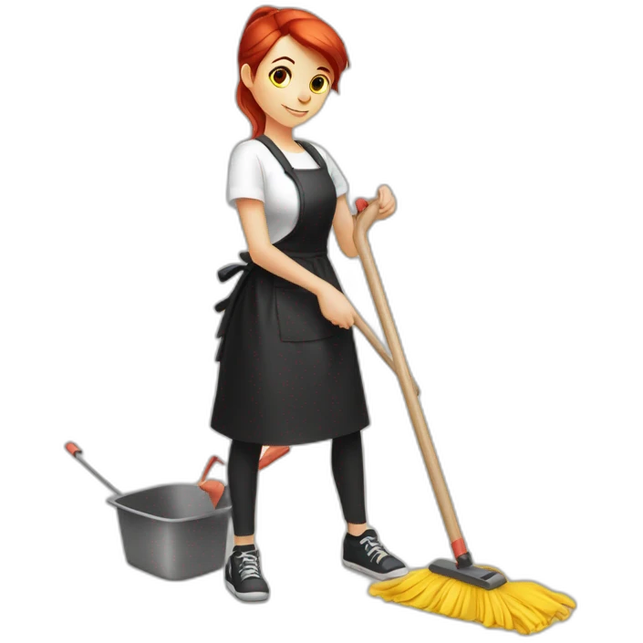 Slavic girl with red hair in a ponytail in a white T-shirt and a black apron washes the floor with a mop  emoji