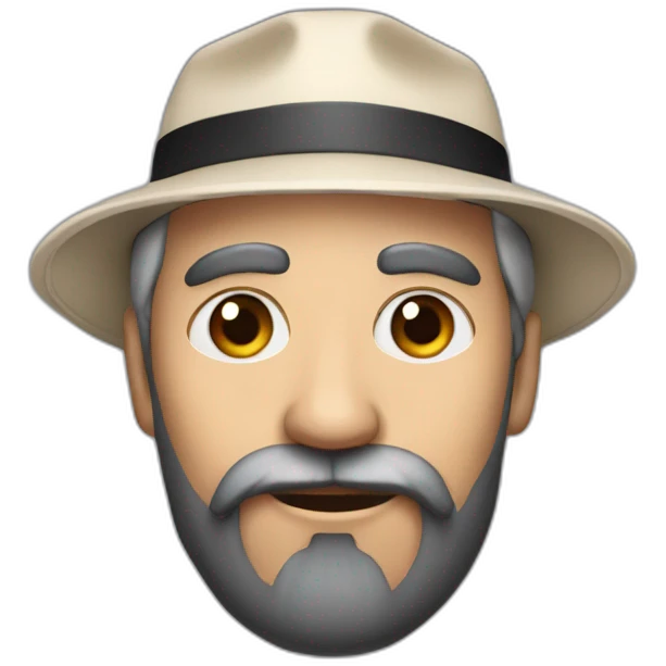A grandfather with a black beard and a cyber eye on the right side of his face wearing a hat emoji