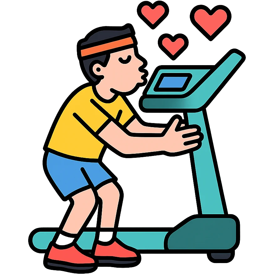 the sportsman is hugging and kissing the treadmill. They are surrounded by red hearts emoji