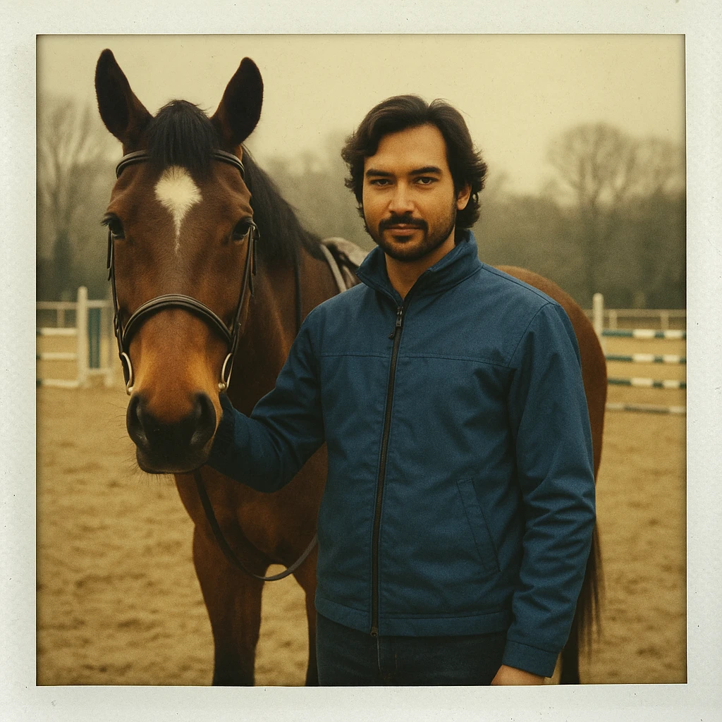 Create a Polaroid-style image of a person standing next to a horse on a horse course, wearing a blue jacket. Include a classic Polaroid white frame with a slightly vintage, faded photo effect. emoji