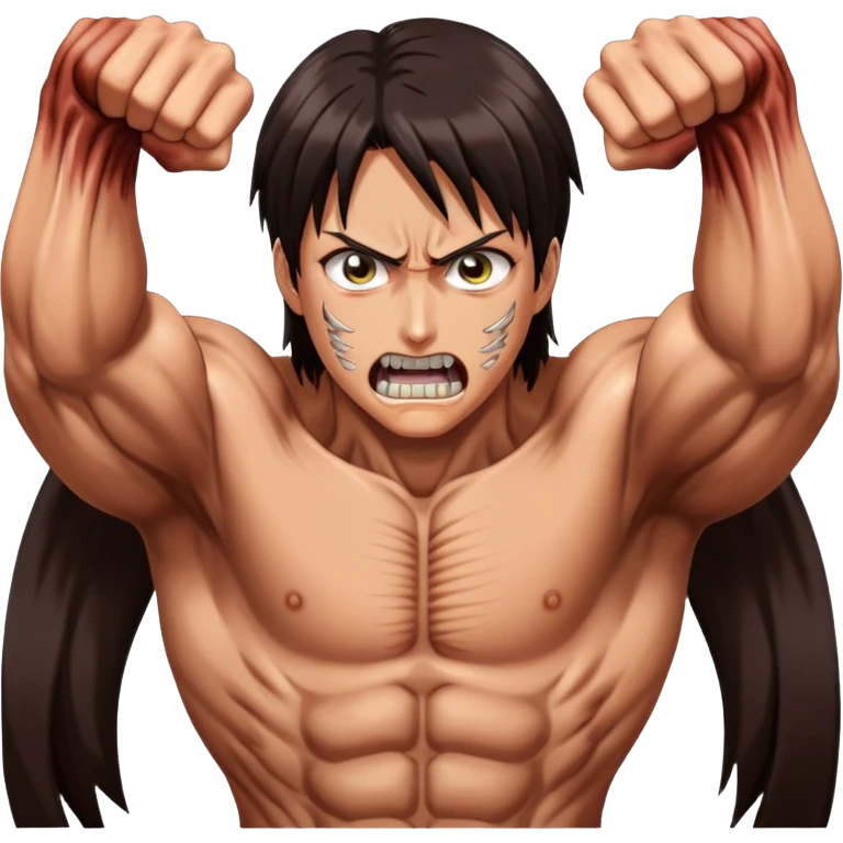 Eren's Attack Titan form from Attack on Titan, muscular with long dark hair and exposed teeth emoji