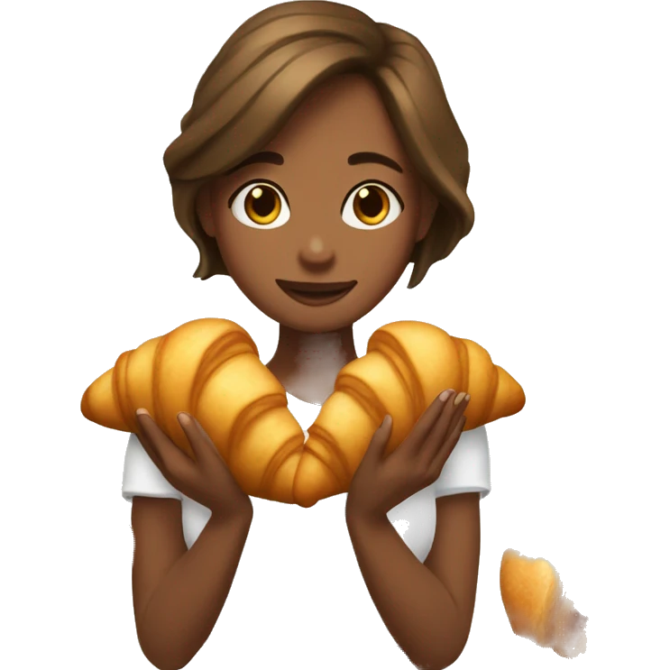 girl with brown hair below her shoulders holds croissants emoji