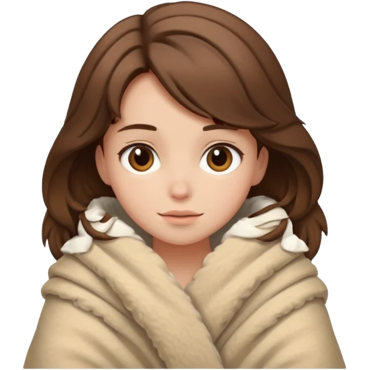 brown haired girl wrapped up in fluffy beige blanket emoji