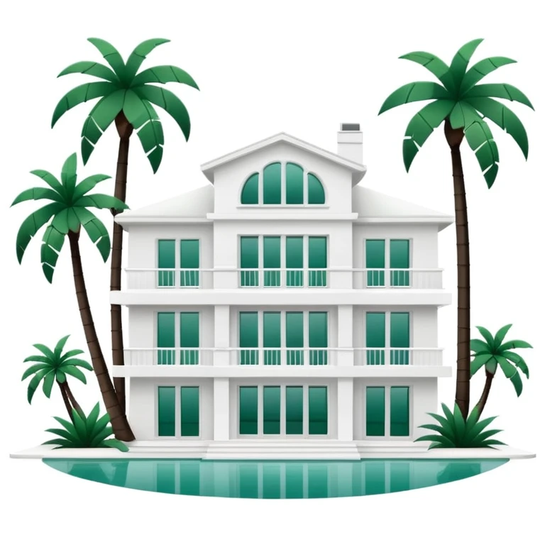 white luxurious villa with dark green palm trees in the foreground, minimalism, no emojis or faces, white background emoji