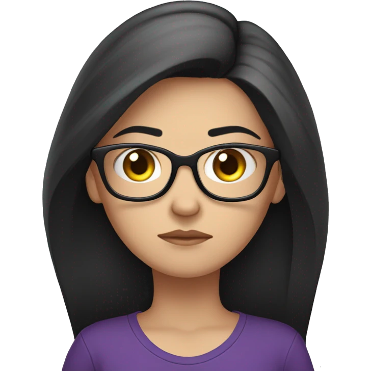white girl, angry scowling, purple t-shirt, long black hair, wearing glasses, with arms crossed over chest. emoji