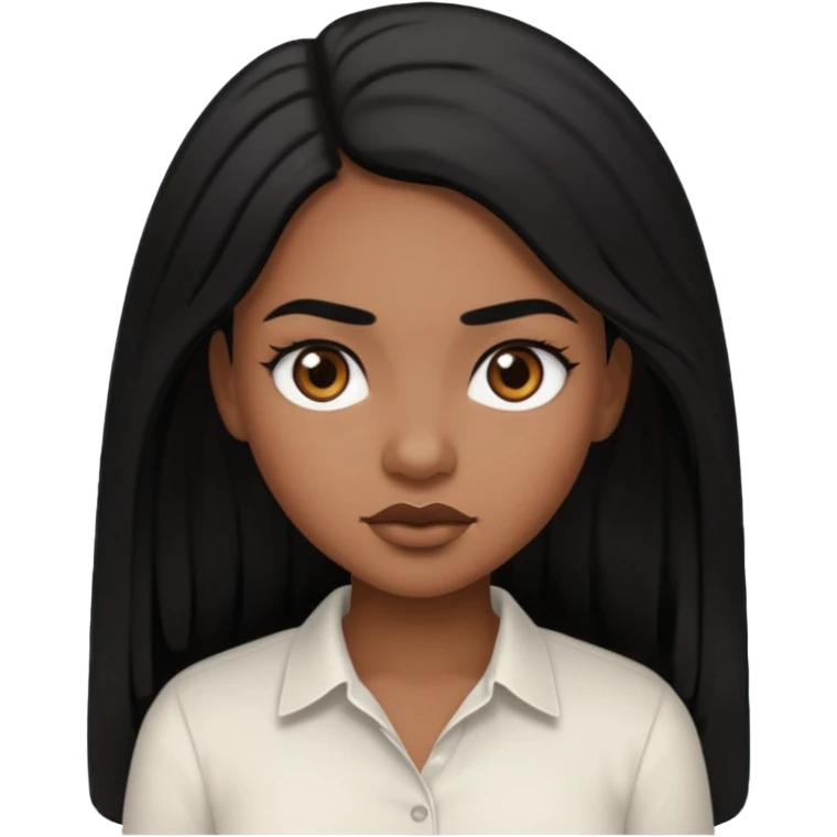 A black girl with long hair and think eyebrows wearing a white shirt  emoji