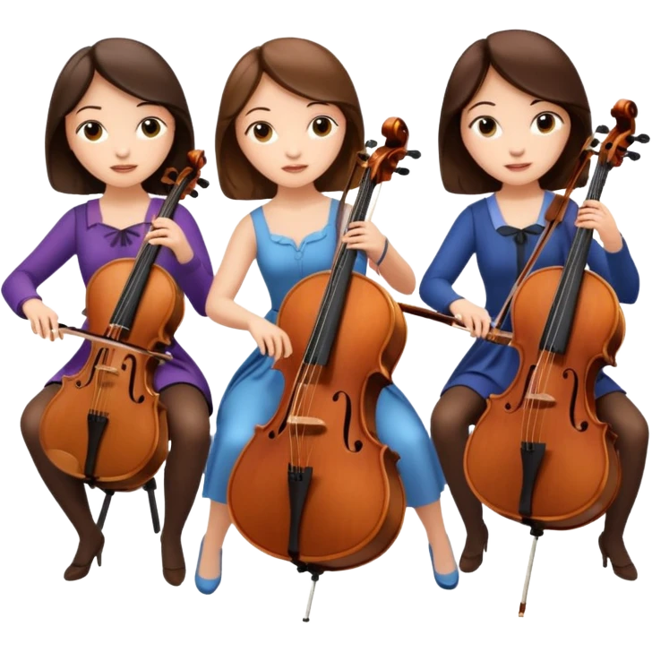 Create an imagine of three brunette women playing string instruments, the first is playing a cello, the second is playing a viola and the third is playing the violin emoji