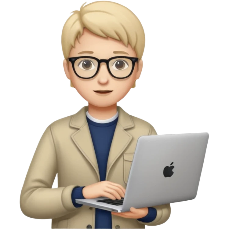 un estudiante que este parado con sus lentes y su laptop emoji
