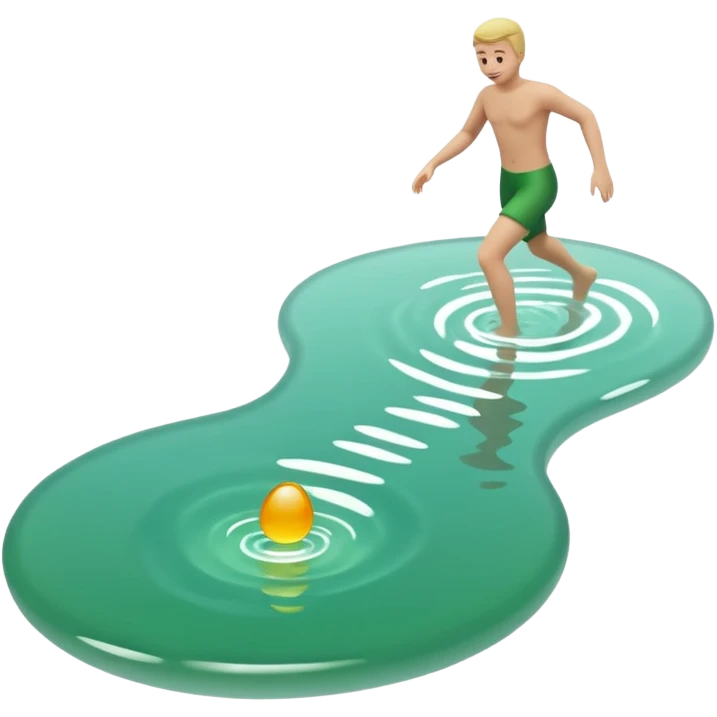 Create a minimalistic 3D emoji-style icon in a modern iPhone-like emoji aesthetic. Glossy rounded 3D surfaces, soft reflections, white background. Theme: Ice bathing in a natural pool. Show a simplified natural pool with green-tinted water and a stylized neutral figure stepping into the cold water. emoji