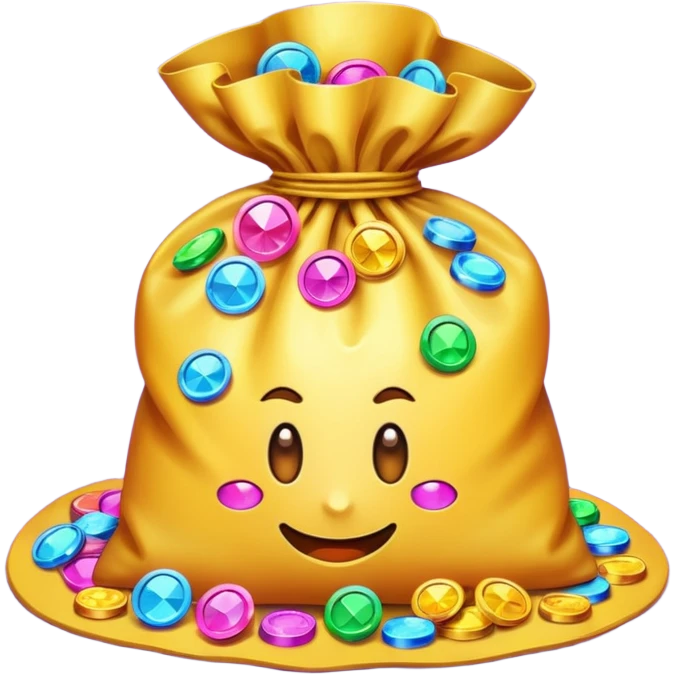 loot bag overflowing with coins and gems, symbolizing resources and rewards, modern emoji style emoji