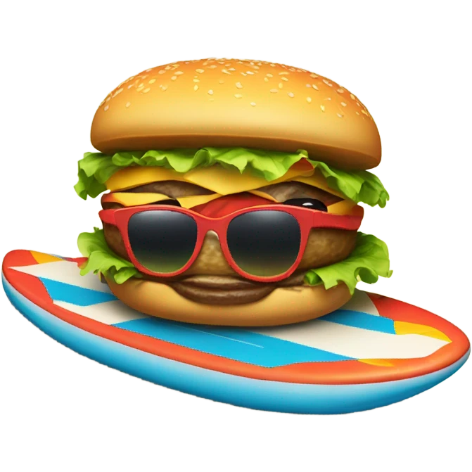 Hamburger on a surfboard wearing sunglasses emoji