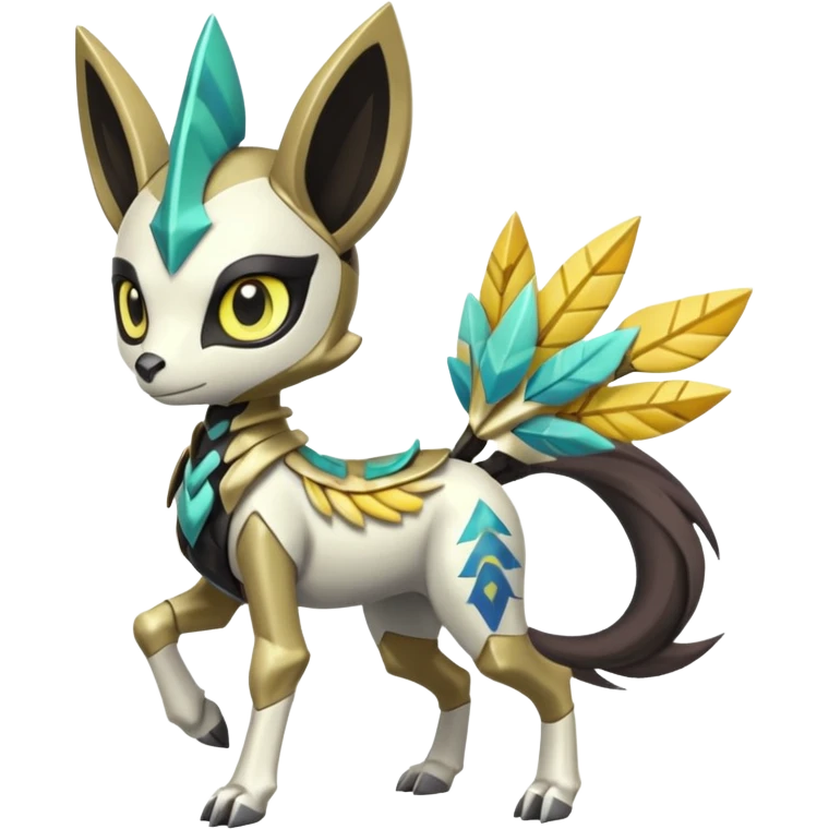 Arrow-patterned chevron-marked Cute Big-eyed anime-styled Colorful Shiny Tribal Skeletal masked armored Meloetta-Silvally-Solgaleo-Raikou-Pokémon-Digimon-Fakémon-fusion-hybrid-creature, full body emoji