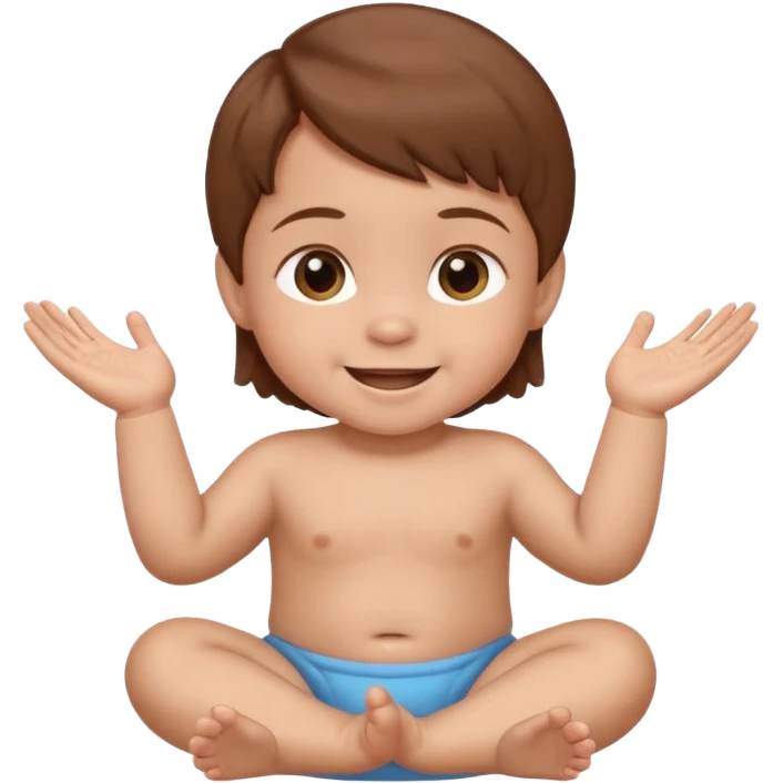 A smiling baby with brown hair, sitting down, moving its arms and hands. emoji