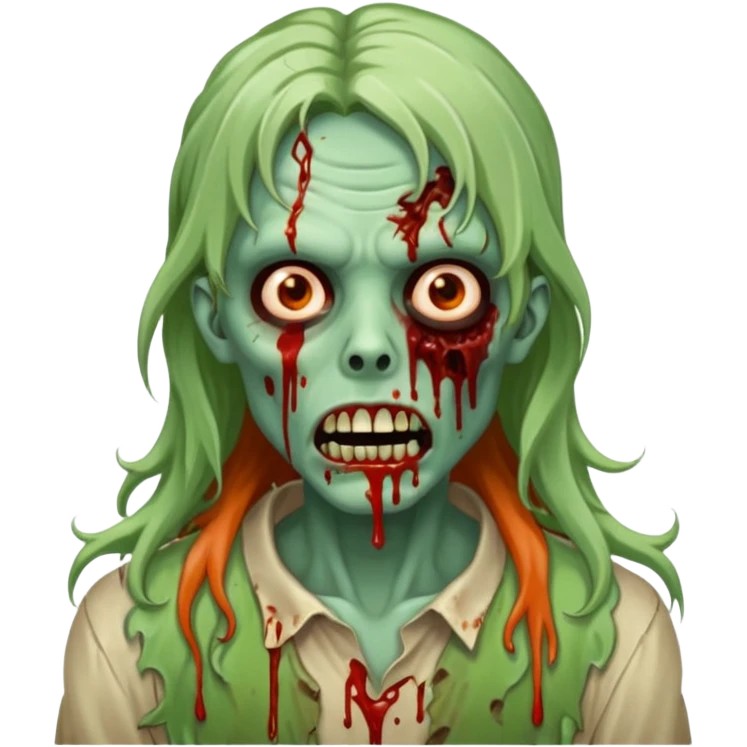 Faça com aparência de zumbi, sagrando na boca, cabelo ondulado no ombro marrom meio alaranjado nas pontas emoji