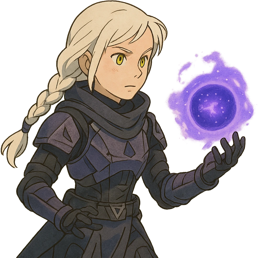1 female, white hair long braid, gold yellow eyes, no helmet, a novice warlock from Destiny 2 armor, charging a void grenade in her hand emoji