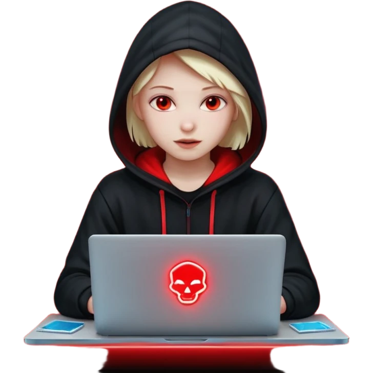 developer behind his laptop with this style : Crytek Crysis Video game neon glowing bright red character red black hooded hacker themed character emoji