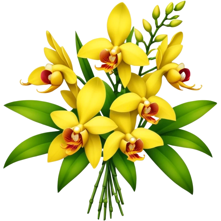big bouquet yellow Dendrobium Orchid flower, stem, leaf emoji