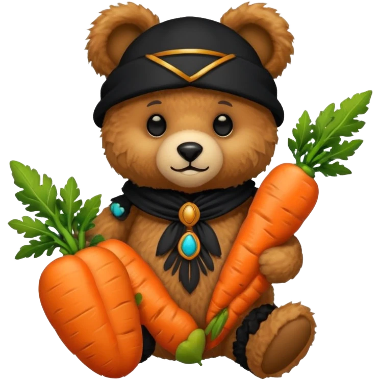 teddy bear, wearing black mayan ancient custome, with carrot emoji