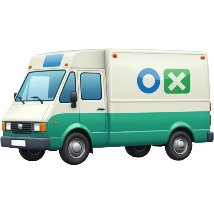 a white delivery van with green and blue color on the delivery van tarpaulin.  emoji