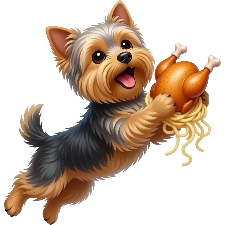 Yorkie dog jumping mouth open with baked chicken and noodles emoji