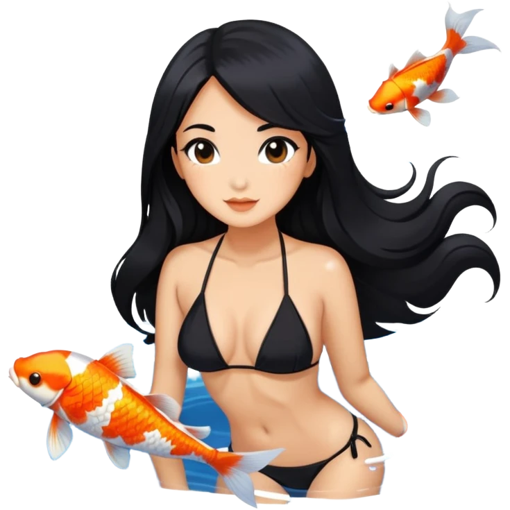 long black hair tanned woman, black bikini, in koi fish pond emoji