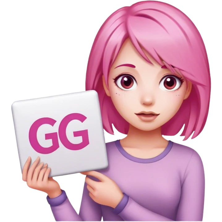 girl with pink hair, big sign, sign says "GG" emoji