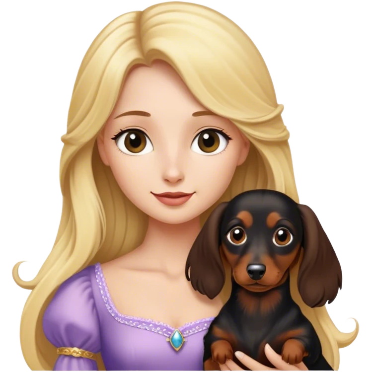 Blonde princess holding a Long haired black and brown dachshund  emoji