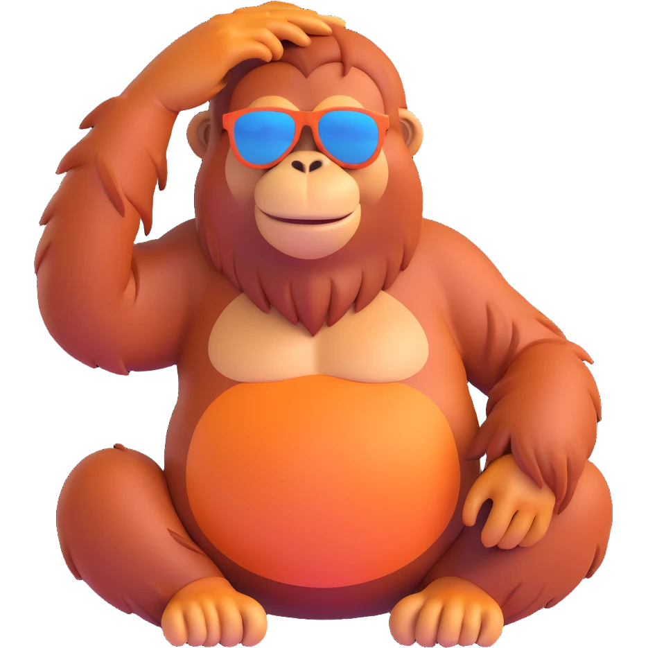 a cool orangutan wearing sunglasses in a relaxed pose, fun and expressive emoji
