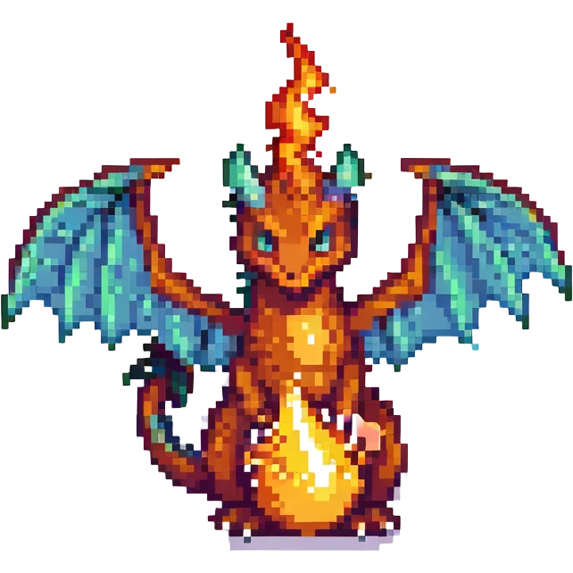pixel art dragon with tiny wings, breathing a small flame emoji