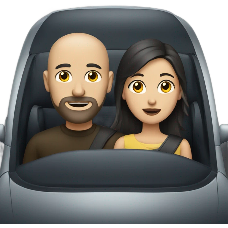 Bald man with beard and dark haired woman in a dark car emoji