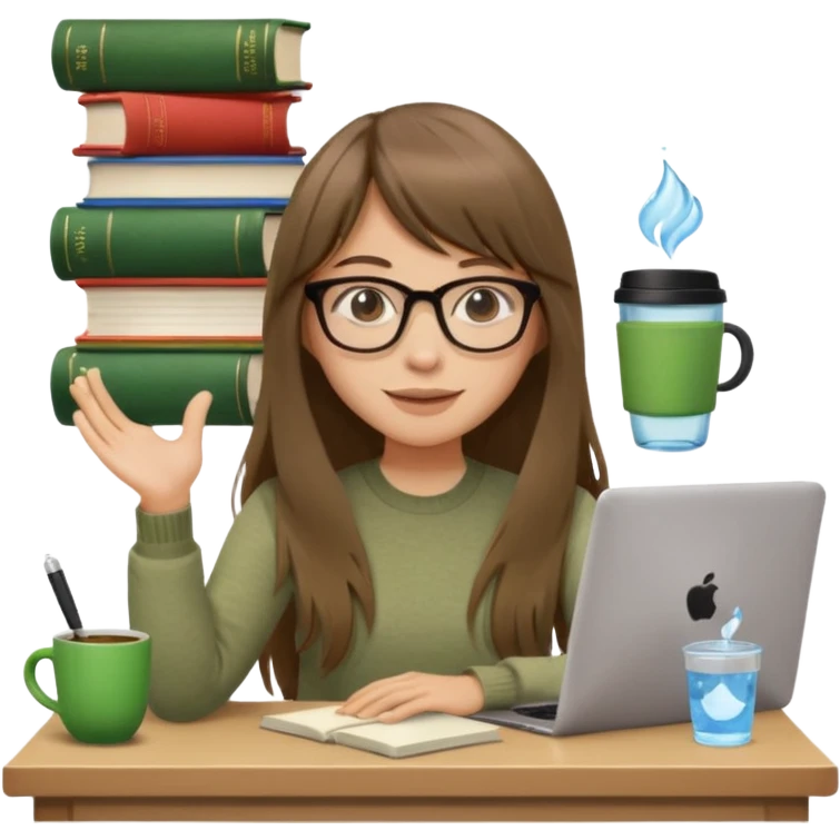 a designer with light skin long brown hair bangs waving, stack of books, coffee cup on top, water bottle, computer, matcha  emoji