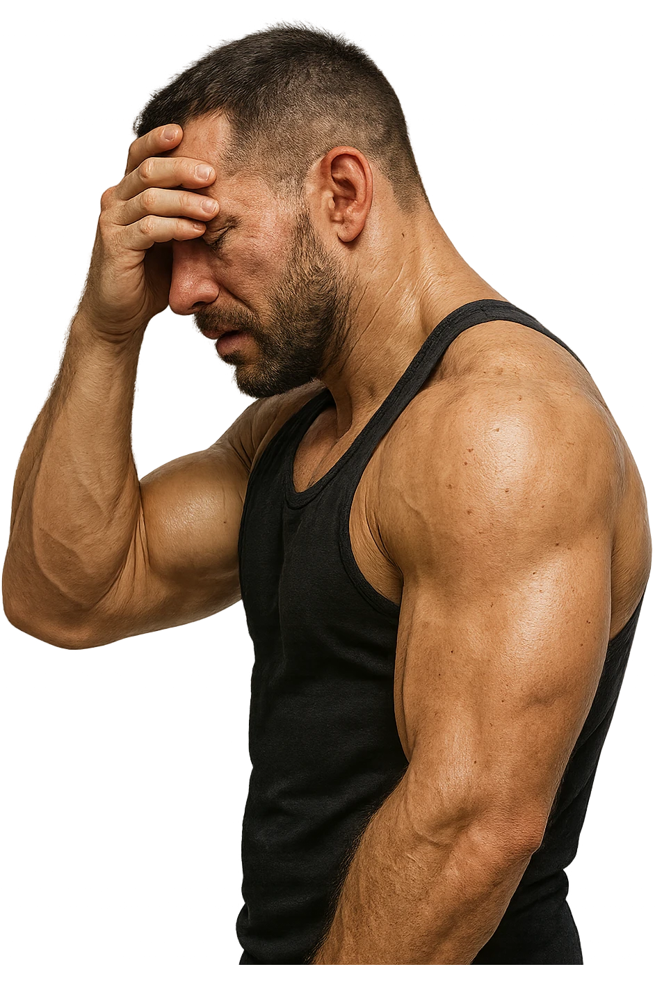 BODYBUILDER disperato di profilo con la mano sulla fronte emoji