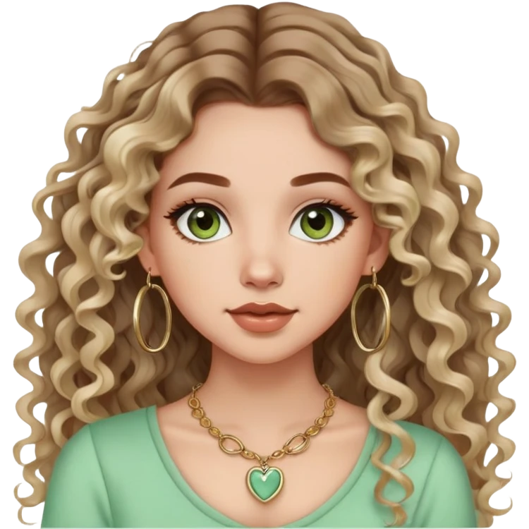 cute girl with not volominous VERY LONG curly/wavy balayage hair brown eyes full lips cute makeup cute necklace and hoop earrings white girl with light green top emoji