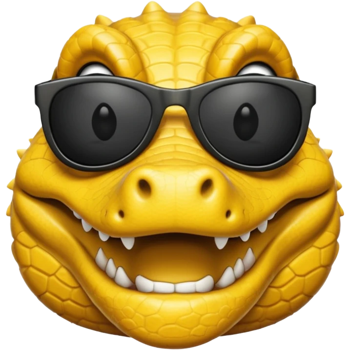 Cocodrilo feliz con boca cerrada mirando de frente que tengan lentes negros y sea color amarillo con fondo blanco emoji