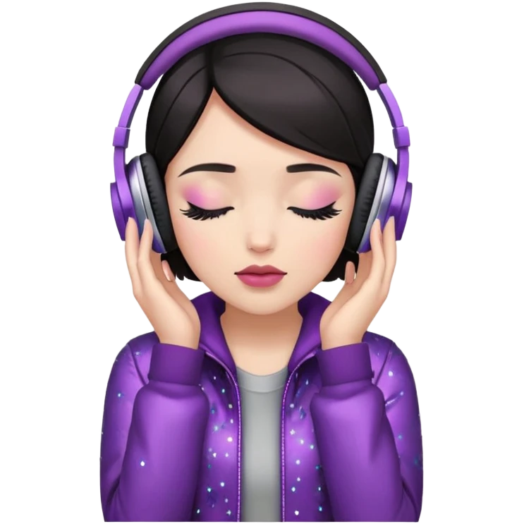 Girl with dark hair, wearing a jacket, has glitter on her eyelids, and wearing mauve lipstick, wearing headphones, her hands are on her ears, and her eyes are close emoji