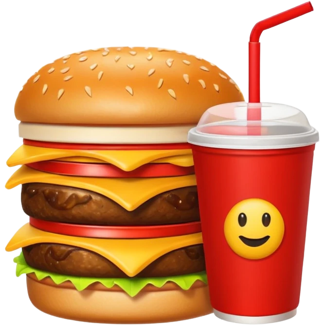A clean and simple icon of fast food in emoji-style illustration. A burger with fries and a soda cup, bright and bold colors, simple shapes, flat design, high contrast, inviting and appetizing. emoji
